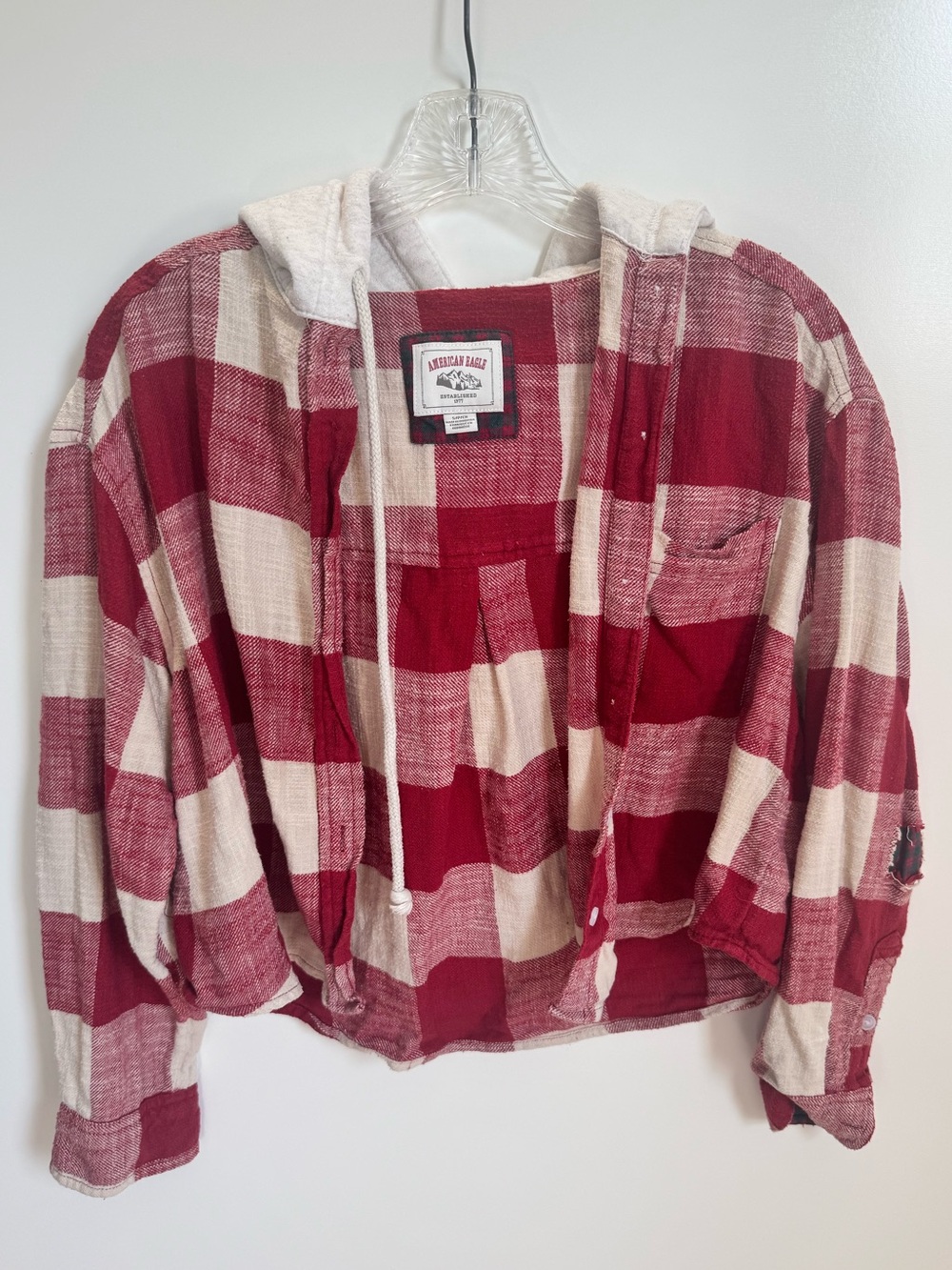 American Eagle Red Buffalo Plaid Hooded Flannel Shirt Jacket Small